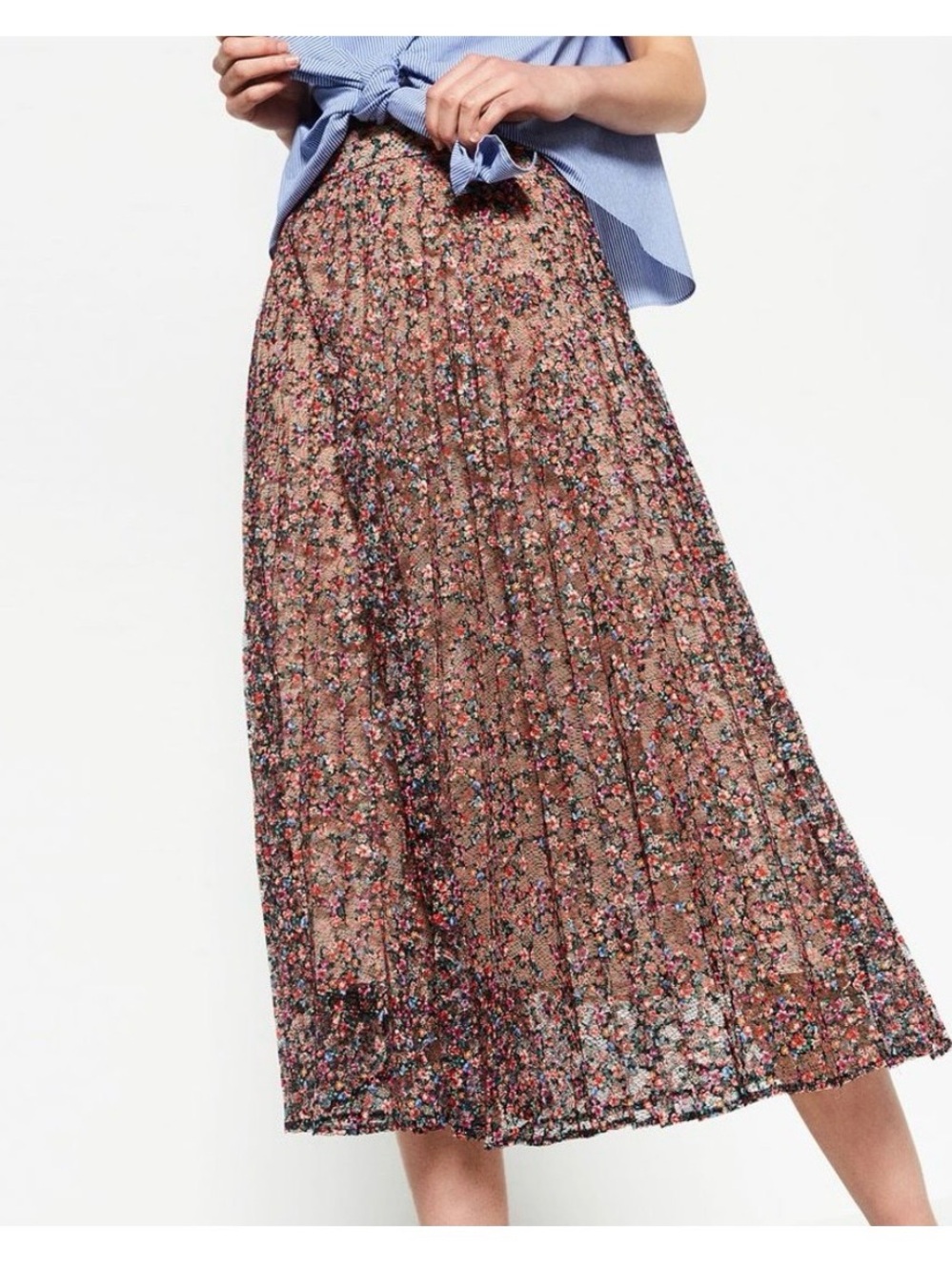 Zara Floral Pleated Midi Skirt in Brown and Multi